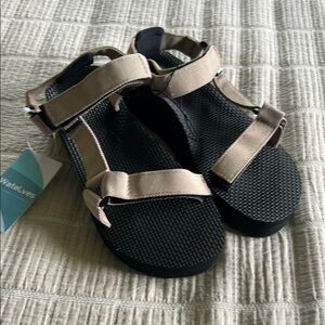 Tan and Black Minimalist Slip-On Sandals